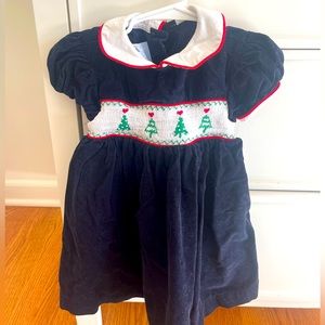 Bella Bliss navy corduroy smocked Christmas tree dress with sash